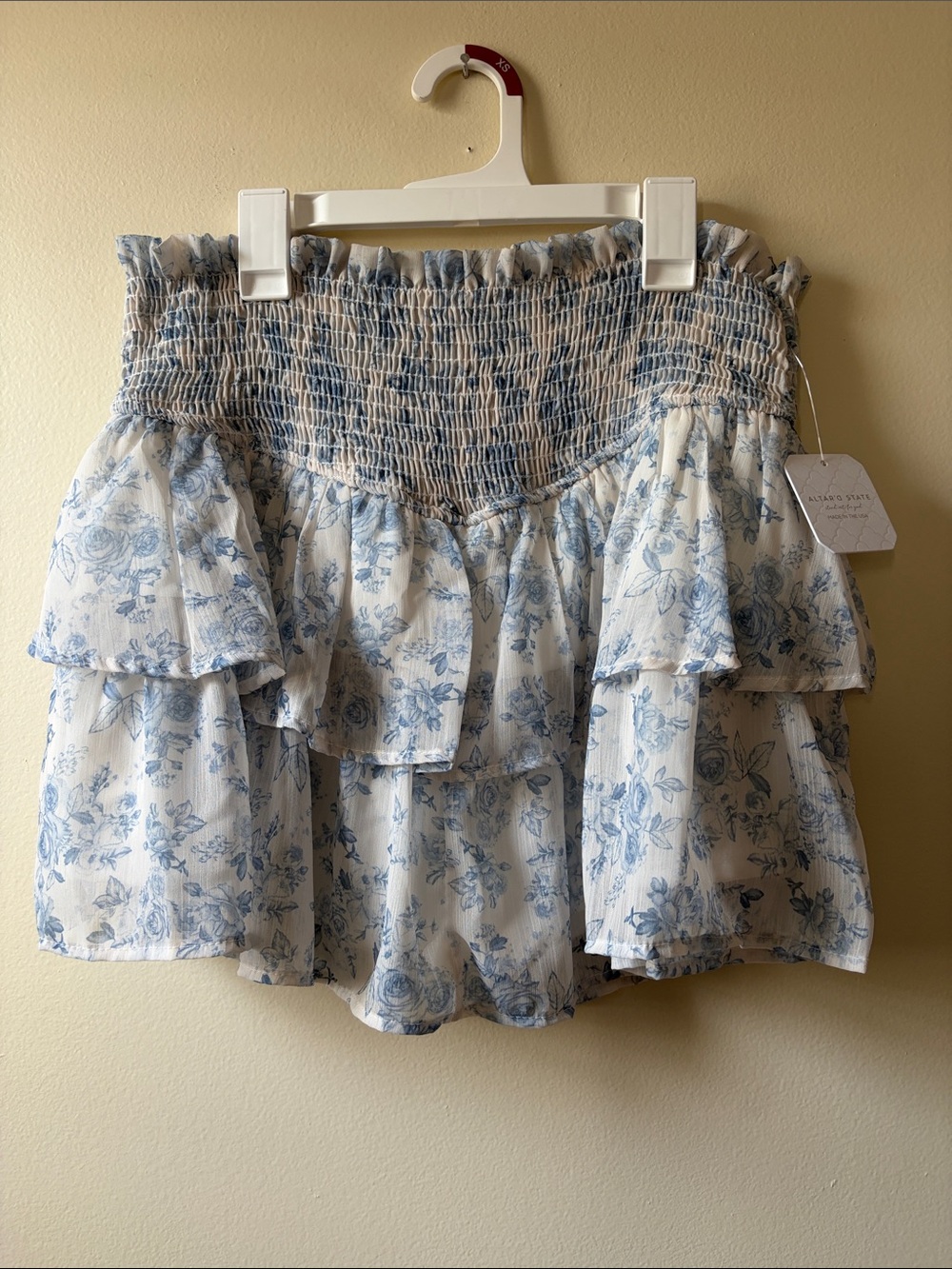 Altar'd State Blue and White Floral Tiered Mini Skirt